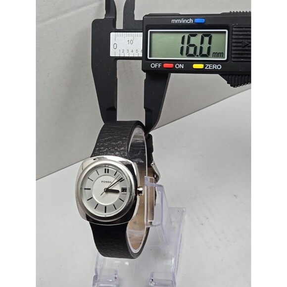 Fossil F2 Womens Cushion Silver Tone Date Watch Black Leather Strap New Battery - Picture 6 of 12